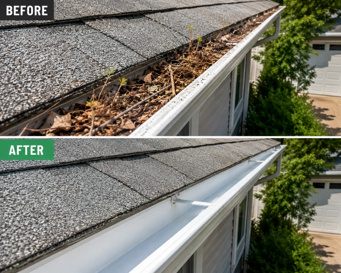 Gutter before cleaning, filled with leaf and debris buildup